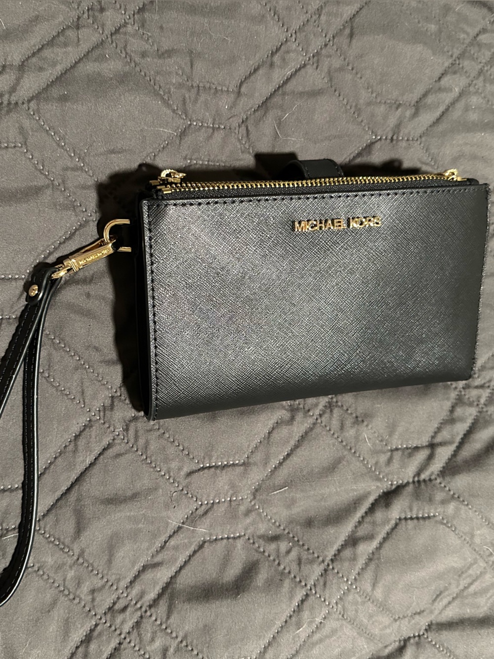 Michael Kors Black Leather Wristlet with Gold Hardware